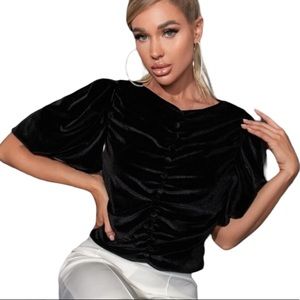 Zara Black Velvet Ruched Top | Decorative Buttons | Side Zipper | Holiday Winter